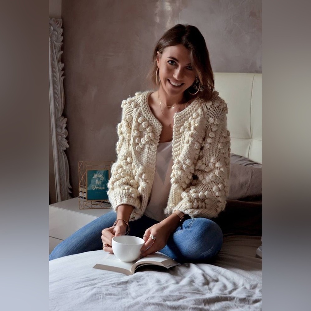 Chicwish Cream Hand-Knit Bobble Cardigan